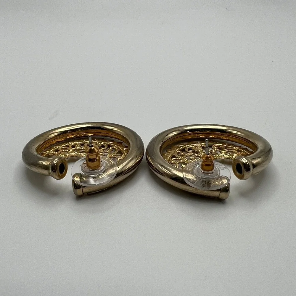 Vintage Pierced‎ Earrings Gold Tone Filigree Open Metalwork Large Statement